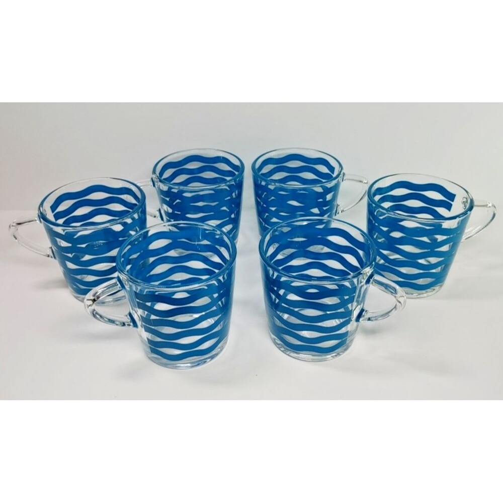 IKEA Satsning Glass Mugs/Cups Set- 6 Retired Blue Waves Stripes 3.5" Tall